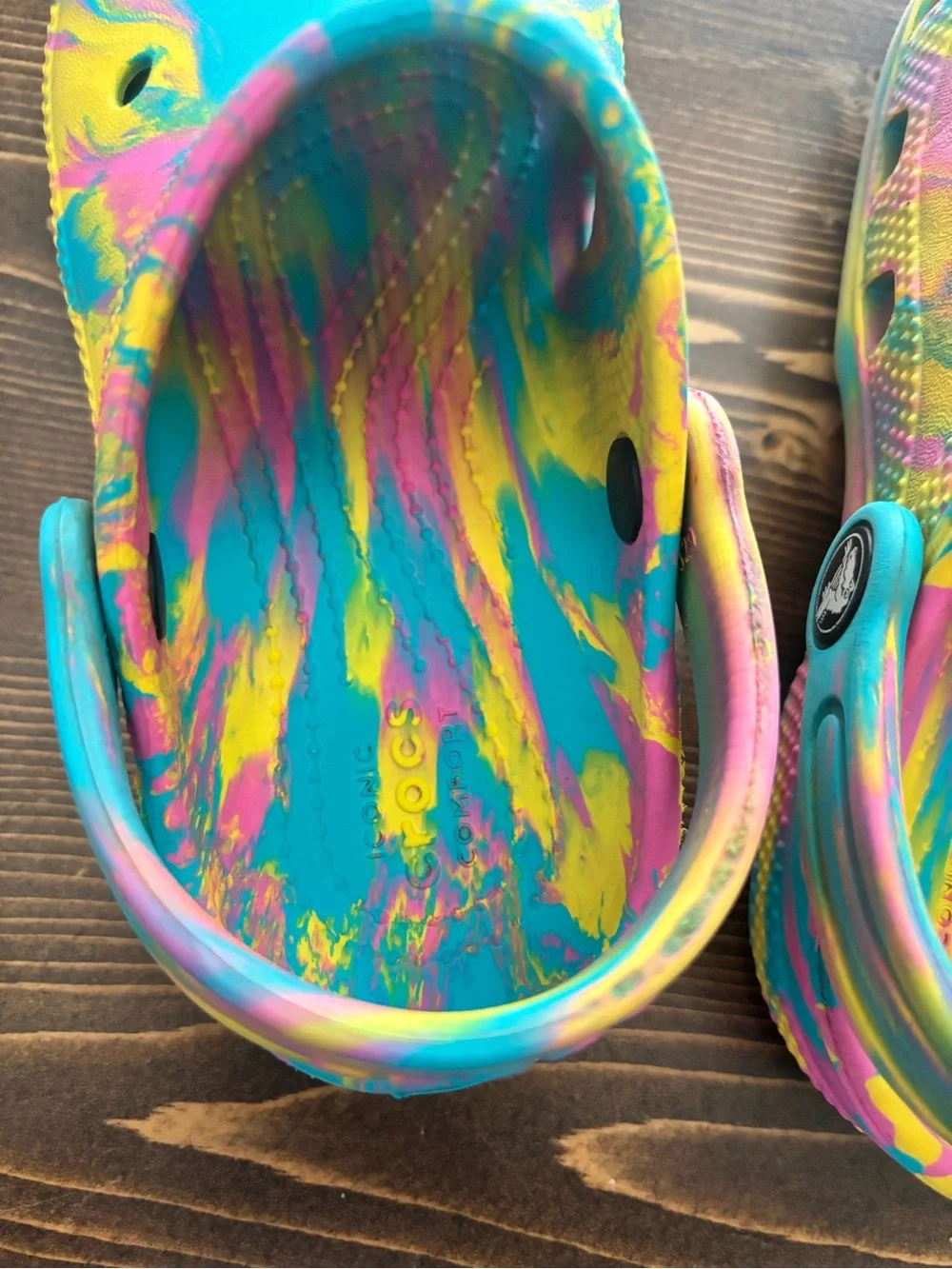 CROCS Kids Teal Water Clogs with Pink and Yellow Swirl